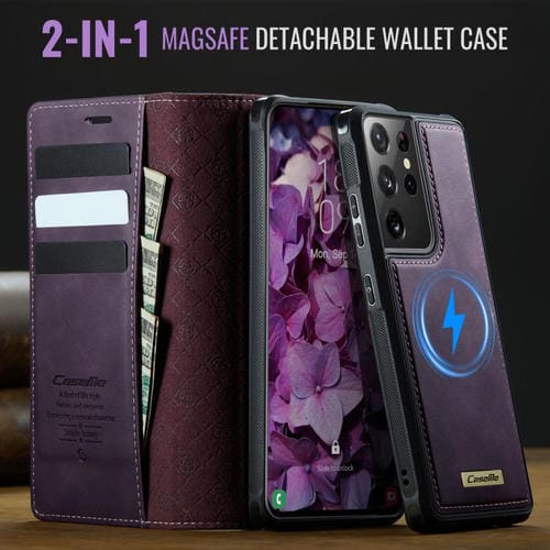 Funda de cuero desmontable CaseMe C49 con bloqueo RFID magnético para Samsung Galaxy S21 Ultra 5G (morado)