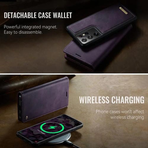 Funda de cuero desmontable CaseMe C49 con bloqueo RFID magnético para Samsung Galaxy S21 Ultra 5G (morado)