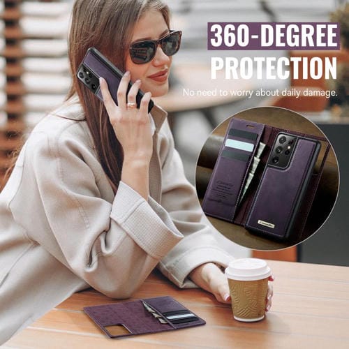 Funda de cuero desmontable CaseMe C49 con bloqueo RFID magnético para Samsung Galaxy S21 Ultra 5G (morado)