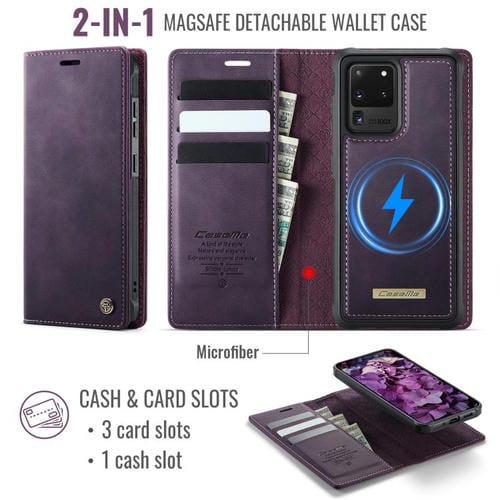 Funda de cuero desmontable con bloqueo RFID magnético CaseMe C49 para Samsung Galaxy S20 Ultra (morado)