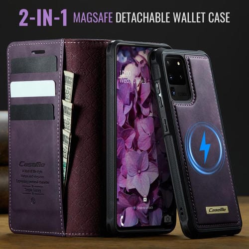 Funda de cuero desmontable con bloqueo RFID magnético CaseMe C49 para Samsung Galaxy S20 Ultra (morado)