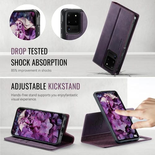 Funda de cuero desmontable con bloqueo RFID magnético CaseMe C49 para Samsung Galaxy S20 Ultra (morado)