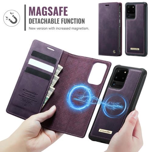 Funda de cuero desmontable con bloqueo RFID magnético CaseMe C49 para Samsung Galaxy S20 Ultra (morado)
