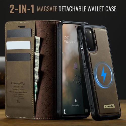 Funda de cuero desmontable con bloqueo RFID magnético CaseMe C49 para Samsung Galaxy S20 (café)
