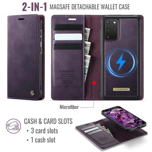 Funda de cuero desmontable CaseMe C49 con bloqueo RFID magnético para Samsung Galaxy S20+ (morado)