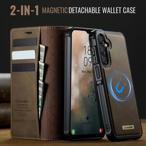 Funda de cuero desmontable con bloqueo RFID magnético para Samsung Galaxy A14 5G / M44 CaseMe C49 (café)
