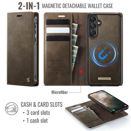 Funda de cuero desmontable con bloqueo RFID magnético CaseMe C49 para Samsung Galaxy A55/A35 5G (café)