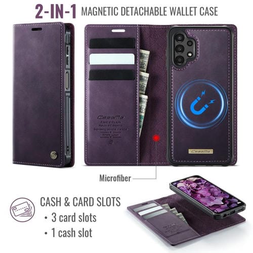 Funda de cuero desmontable CaseMe C49 con bloqueo RFID magnético para Samsung Galaxy A13/A04s (morado)