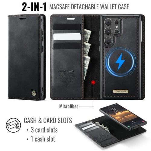 Funda de cuero desmontable con bloqueo RFID magnético para Samsung Galaxy S22 Ultra 5G CaseMe C49 (negro)