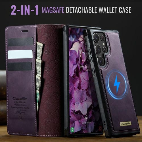 Funda de cuero desmontable con bloqueo RFID magnético para Samsung Galaxy S22 Ultra 5G CaseMe C49 (morado)