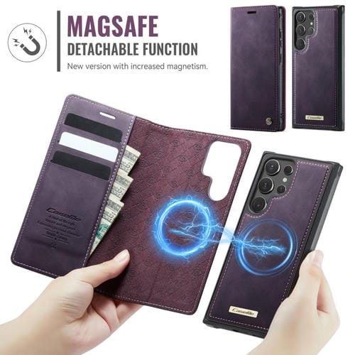 Funda de cuero desmontable con bloqueo RFID magnético para Samsung Galaxy S22 Ultra 5G CaseMe C49 (morado)
