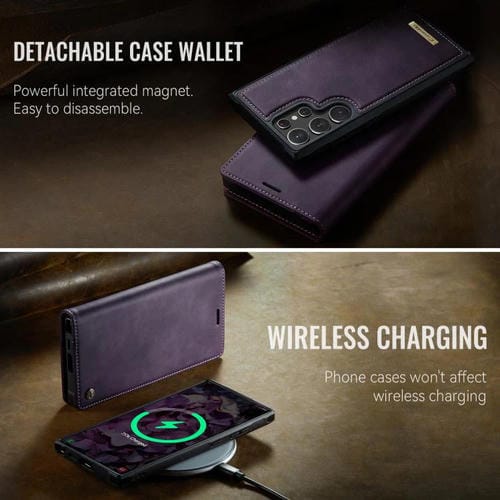 Funda de cuero desmontable con bloqueo RFID magnético para Samsung Galaxy S22 Ultra 5G CaseMe C49 (morado)