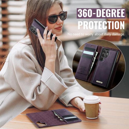 Funda de cuero desmontable con bloqueo RFID magnético para Samsung Galaxy S22 Ultra 5G CaseMe C49 (morado)
