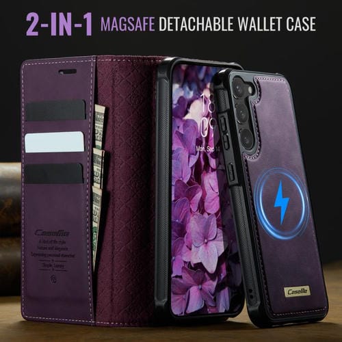 Funda de cuero desmontable con bloqueo RFID magnético para Samsung Galaxy S23+ 5G CaseMe C49 (morado)