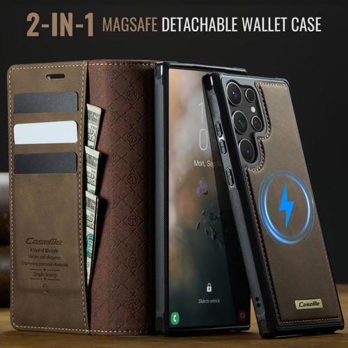 Funda de cuero desmontable con bloqueo RFID magnético para Samsung Galaxy S23 Ultra 5G CaseMe C49 (café)