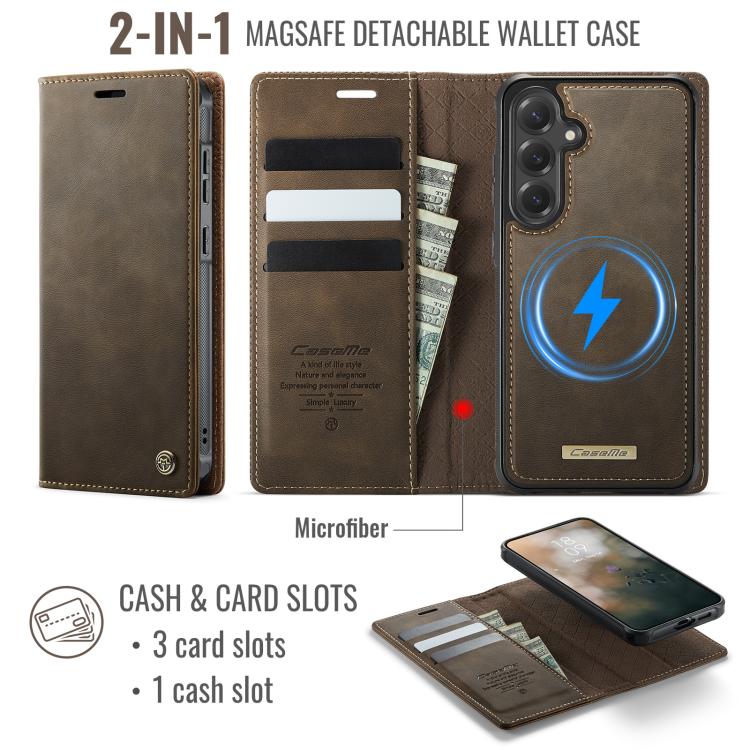 Funda de cuero desmontable con bloqueo RFID magnético CaseMe C49 para Samsung Galaxy S24 FE 5G (café)