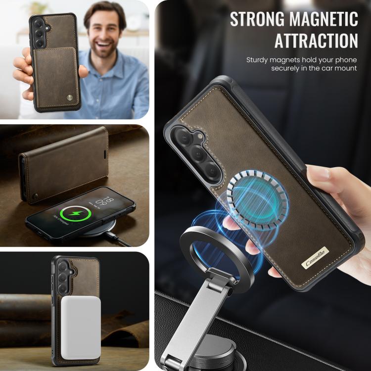 Funda de cuero desmontable con bloqueo RFID magnético CaseMe C49 para Samsung Galaxy S24 FE 5G (café)