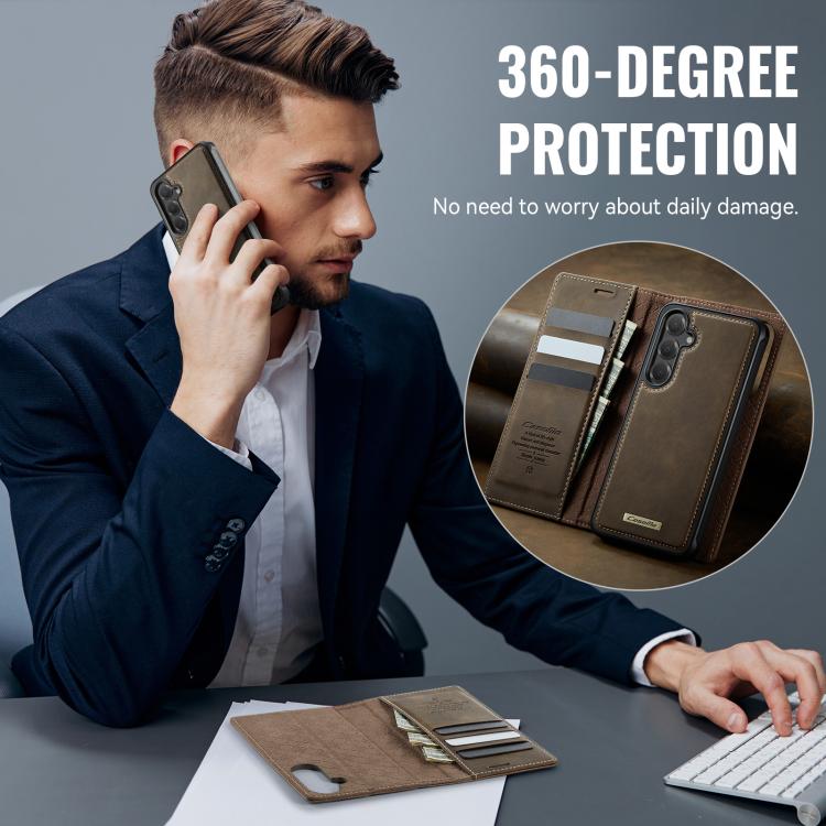 Funda de cuero desmontable con bloqueo RFID magnético CaseMe C49 para Samsung Galaxy S24 FE 5G (café)