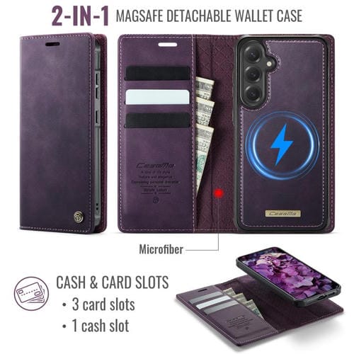 Funda de cuero desmontable con bloqueo RFID magnético para Samsung Galaxy S24 FE 5G CaseMe C49 (morado)