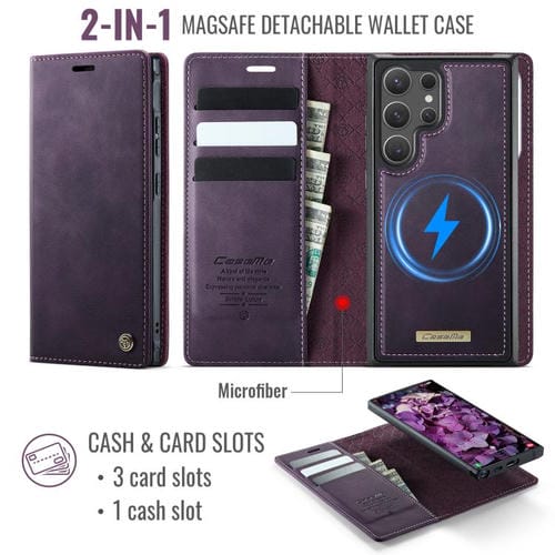 Funda de cuero desmontable con bloqueo RFID magnético para Samsung Galaxy S24 Ultra 5G CaseMe C49 (morado)