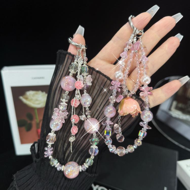 Cadena para teléfono móvil de doble capa con flor real rosa