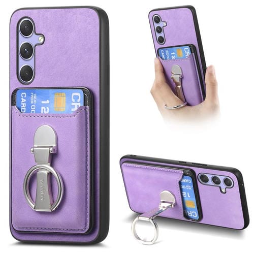 Funda retro plegable con anillo y tarjetero MagSafe para Samsung Galaxy A25 5G (morado)
