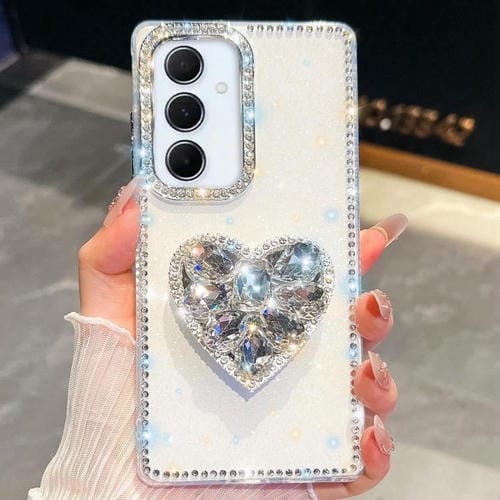 Funda para Samsung Galaxy A56 5G con diseño de corazón, piedras preciosas y brillo de diamantes (blanca)