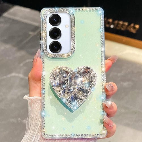 Funda para Samsung Galaxy S25 5G con diseño de corazón, piedras preciosas y brillo de diamantes (verde claro)