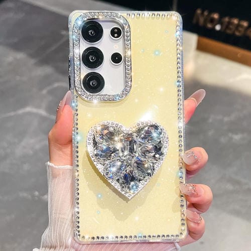 Funda para Samsung Galaxy S25 Ultra 5G con diseño de corazón, piedras preciosas y brillo de diamantes (amarillo claro)
