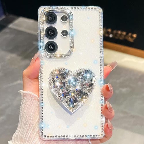 Funda para Samsung Galaxy S25 Ultra 5G con diseño de corazón, piedras preciosas y brillo de diamantes (blanca)