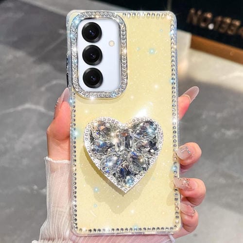 Funda para Samsung Galaxy A16 5G con diseño de corazón, piedras preciosas y brillantes (amarillo claro)