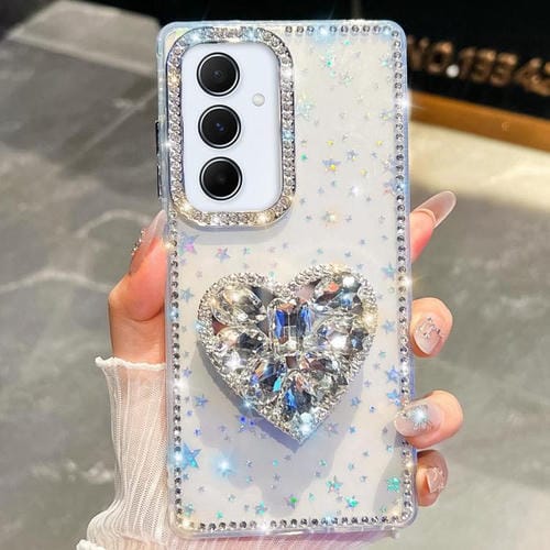 Funda para Samsung Galaxy A55 5G con purpurina de diamantes y piedras preciosas en forma de corazón (estrellas transparentes)