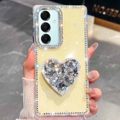 Funda para Samsung Galaxy A17 5G con diseño de corazón, piedras preciosas y brillo de diamantes (amarillo claro)