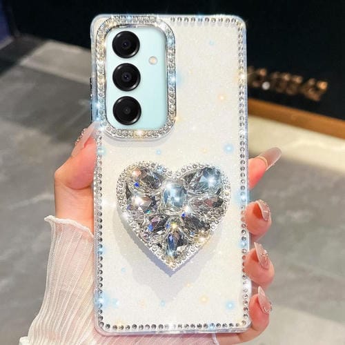 Funda para Samsung Galaxy A17 5G con diseño de corazón, piedras preciosas y brillo de diamantes (blanca)