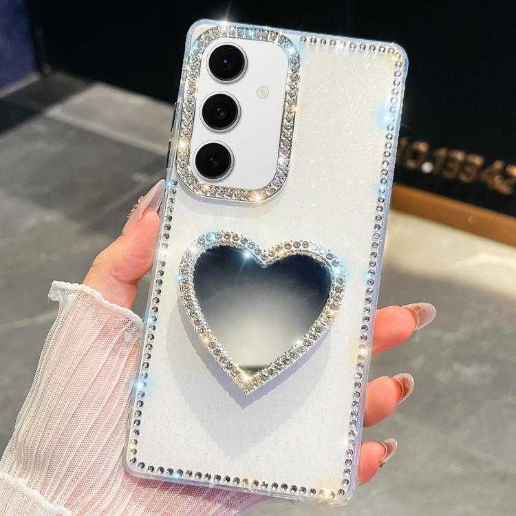Funda para Samsung Galaxy S24 FE 5G con purpurina y espejo con forma de corazón (blanca)