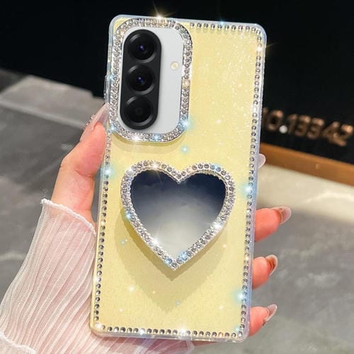 Funda con forma de corazón y espejo con purpurina de diamante para Samsung Galaxy A17 5G (amarillo claro)