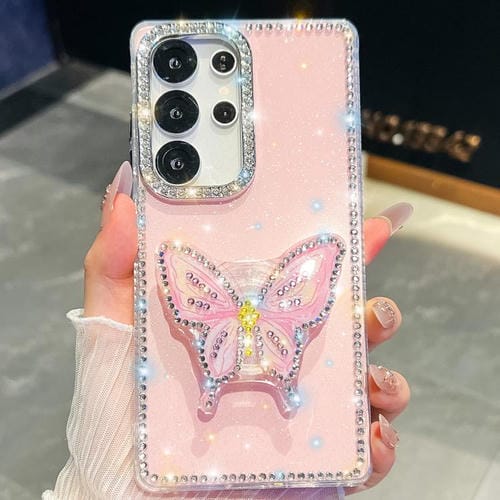 Funda con soporte para Samsung Galaxy S24 Ultra 5G, diseño de mariposa con purpurina y diamantes (rosa claro)