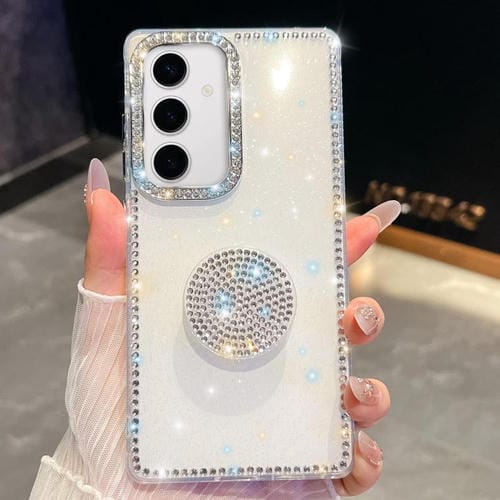 Funda con soporte redondo y purpurina de diamante para Samsung Galaxy S24 FE 5G (blanca)