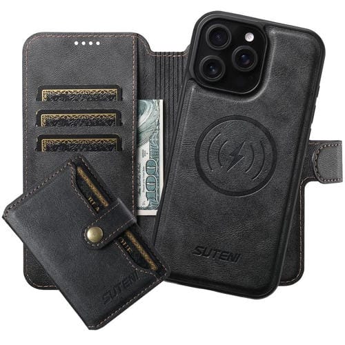 Funda de cuero Suteni Q05S1 3 en 1 con función de billetera desmontable y MagSafe para iPhone 12 Pro Max (negra)