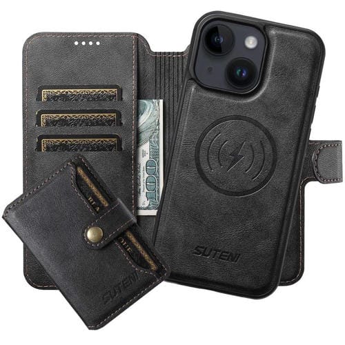 Funda de cuero Suteni Q05S1 3 en 1 con función de billetera desmontable y MagSafe para iPhone 14 Plus (negra)