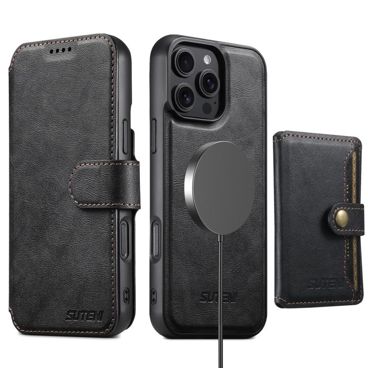 Funda de cuero Suteni Q05S1 3 en 1 con función de billetera desmontable y MagSafe para iPhone 15 (negra)