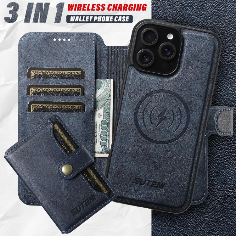 Funda de cuero Suteni Q05S1 3 en 1 con función de billetera desmontable y MagSafe para iPhone 15 Pro (azul)