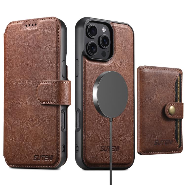 Funda de cuero Suteni Q05S1 3 en 1 con función de billetera desmontable y MagSafe para iPhone 15 Plus (marrón)