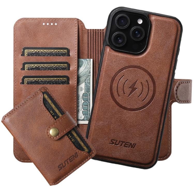 Funda de cuero Suteni Q05S1 3 en 1 con función de billetera desmontable y MagSafe para iPhone 16 Pro Max (marrón)