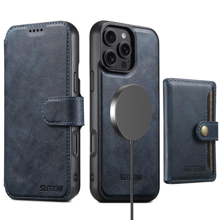 Funda de cuero Suteni Q05S1 3 en 1 con función de billetera desmontable y MagSafe para iPhone 16 Pro Max (azul)