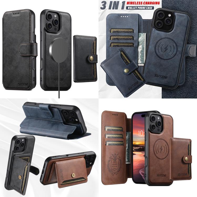 Funda de cuero Suteni Q05S1 3 en 1 con función de billetera desmontable y MagSafe para iPhone 12 (marrón)