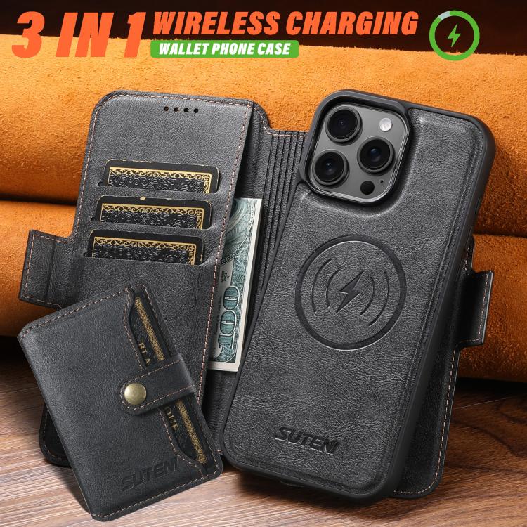Funda de cuero Suteni Q06S1 3 en 1 con función de billetera desmontable y MagSafe para iPhone 16 (negra)