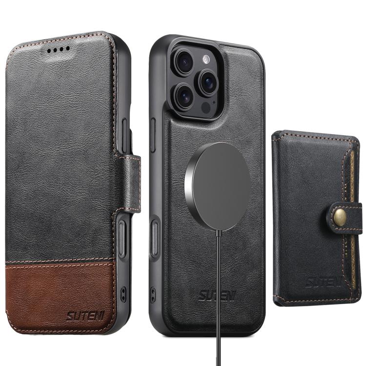 Funda de cuero Suteni Q06S1 3 en 1 con cierre magnético y billetera desmontable para iPhone 15 Pro Max (negro)