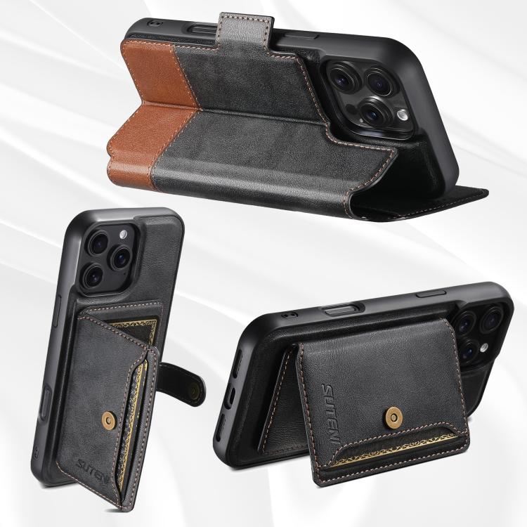 Funda de cuero Suteni Q06S1 3 en 1 con cierre magnético y billetera desmontable para iPhone 15 Pro Max (negro)