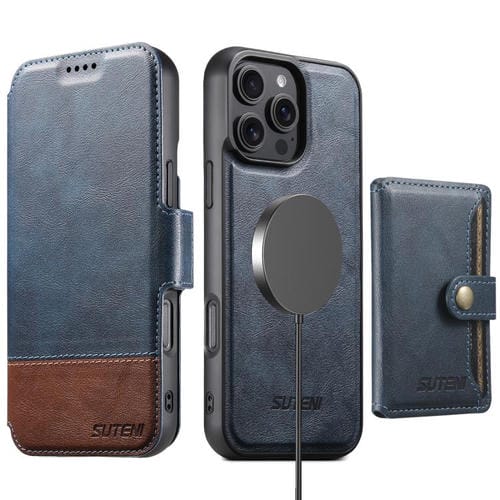 Funda de cuero Suteni Q06S1 3 en 1 con cierre magnético y desmontable para iPhone 15 Pro (azul)